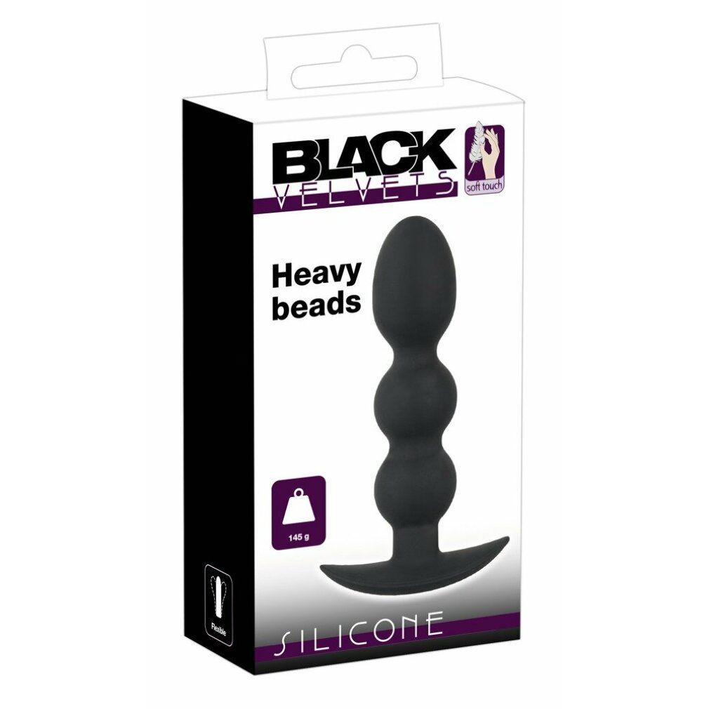 Giocattolo anale nero a forma di perle, in confezione. Scritte: Black Velvets, Heavy beads, Silicone. Peso: 140 g.