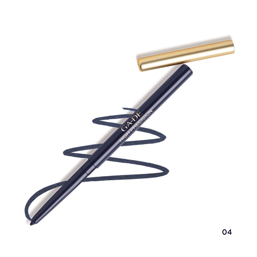 Eyeliner blu scuro con cappuccio dorato e tratto. Scritta: GA-DE HIGH PRECISION.