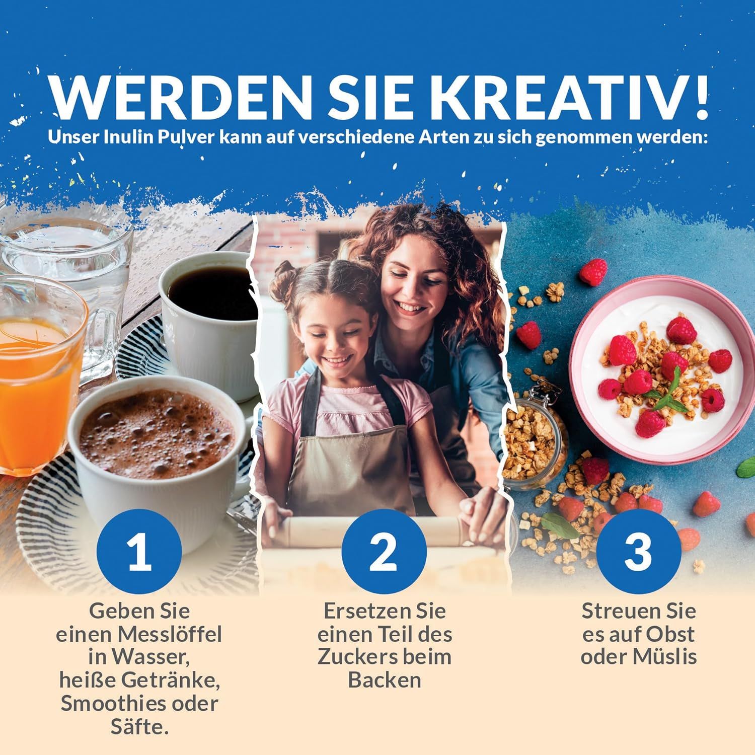 Esempi di utilizzo della polvere di inulina: acqua, caffè, succo, cottura, frutta, muesli. Donna e bambino.