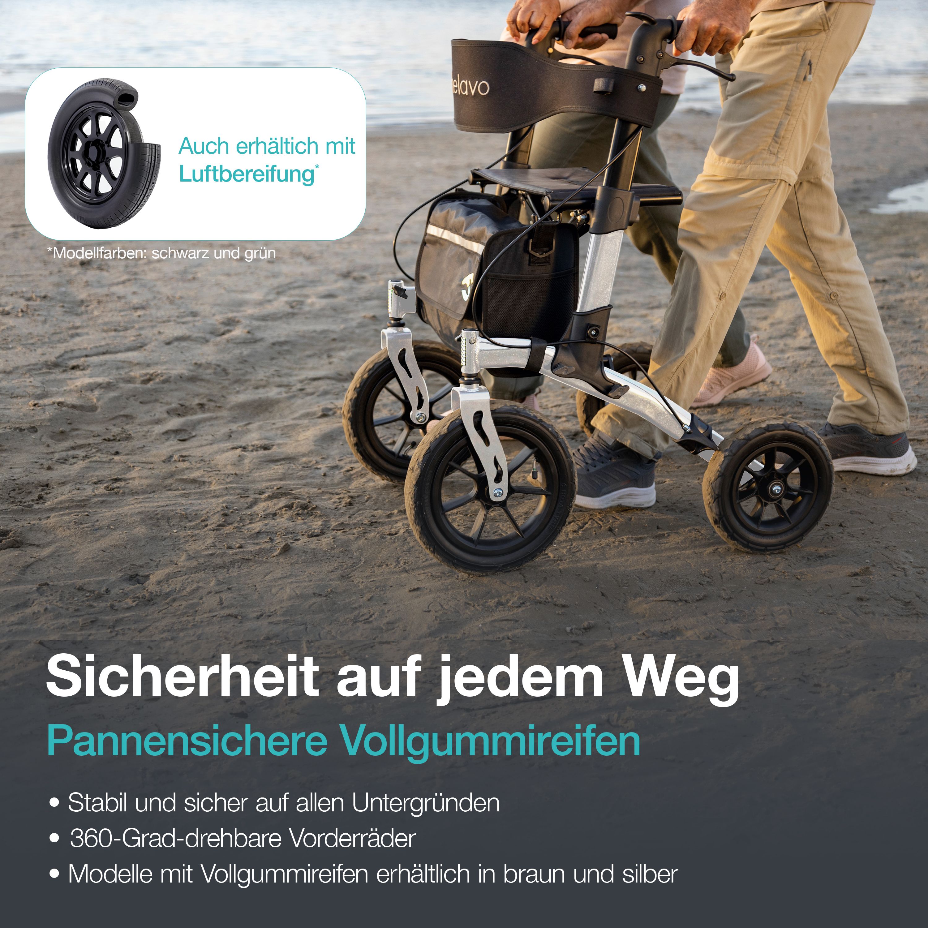Rollator Helavo con pneumatici antiforatura sulla spiaggia. Ruote anteriori girevoli a 360 gradi.