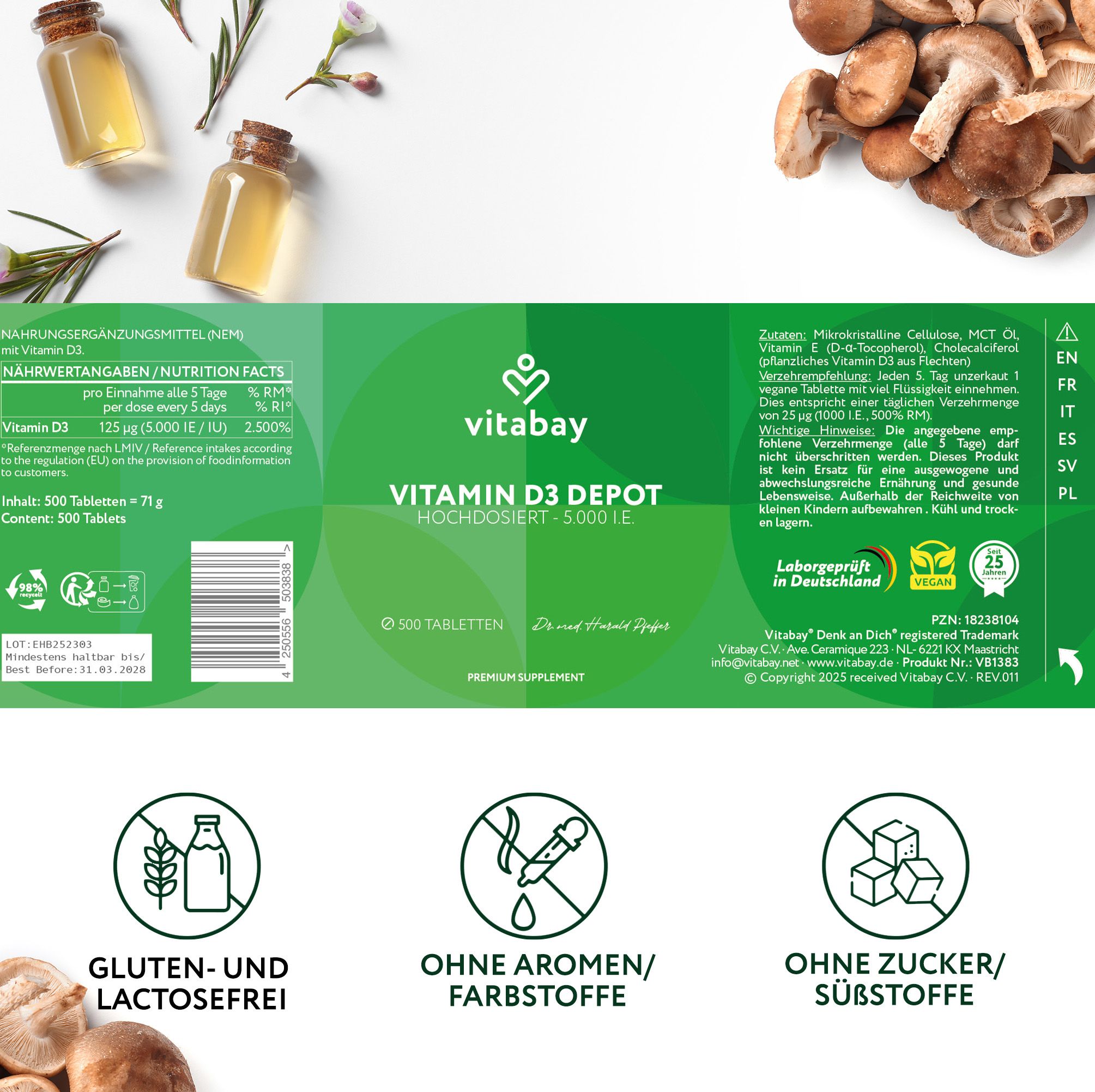 Retro della confezione "Vitabay Vitamin D3 Depot". Testo: Valori nutrizionali, ingredienti, senza glutine e lattosio.