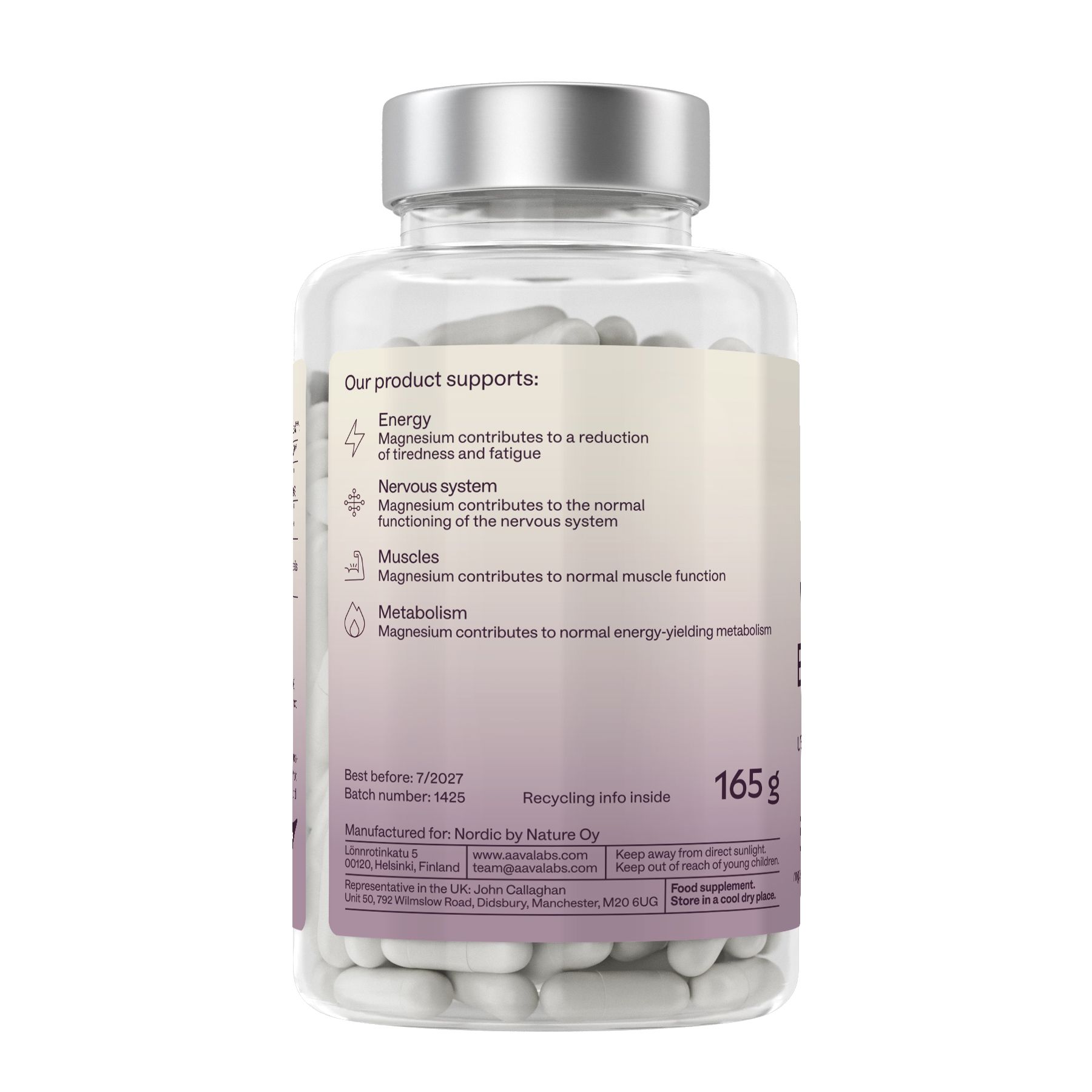 Retro del flacone con capsule. Scritta: Il nostro prodotto supporta, 165 g. Contiene informazioni sui benefici e la produzione.