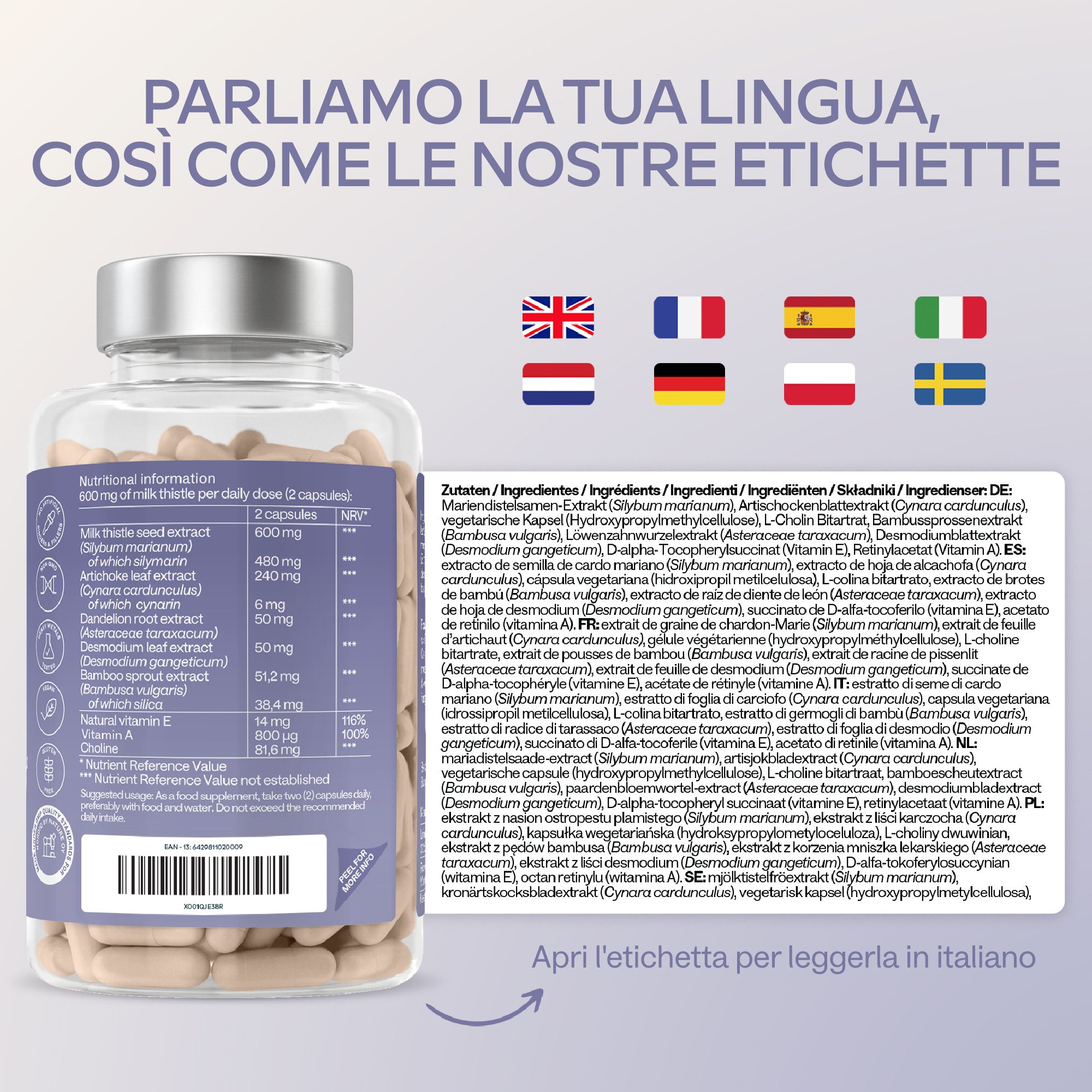 Tre capsule su una capsula di Petri circondate da simboli vegan, senza glutine, non OGM.