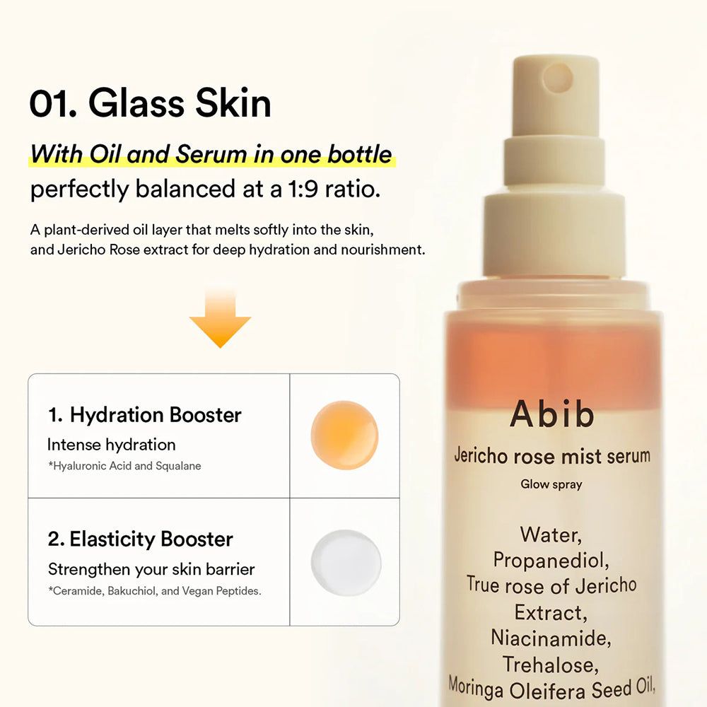 Flacone Abib Jericho Rose Mist Serum accanto a infografiche su idratazione ed elasticità.