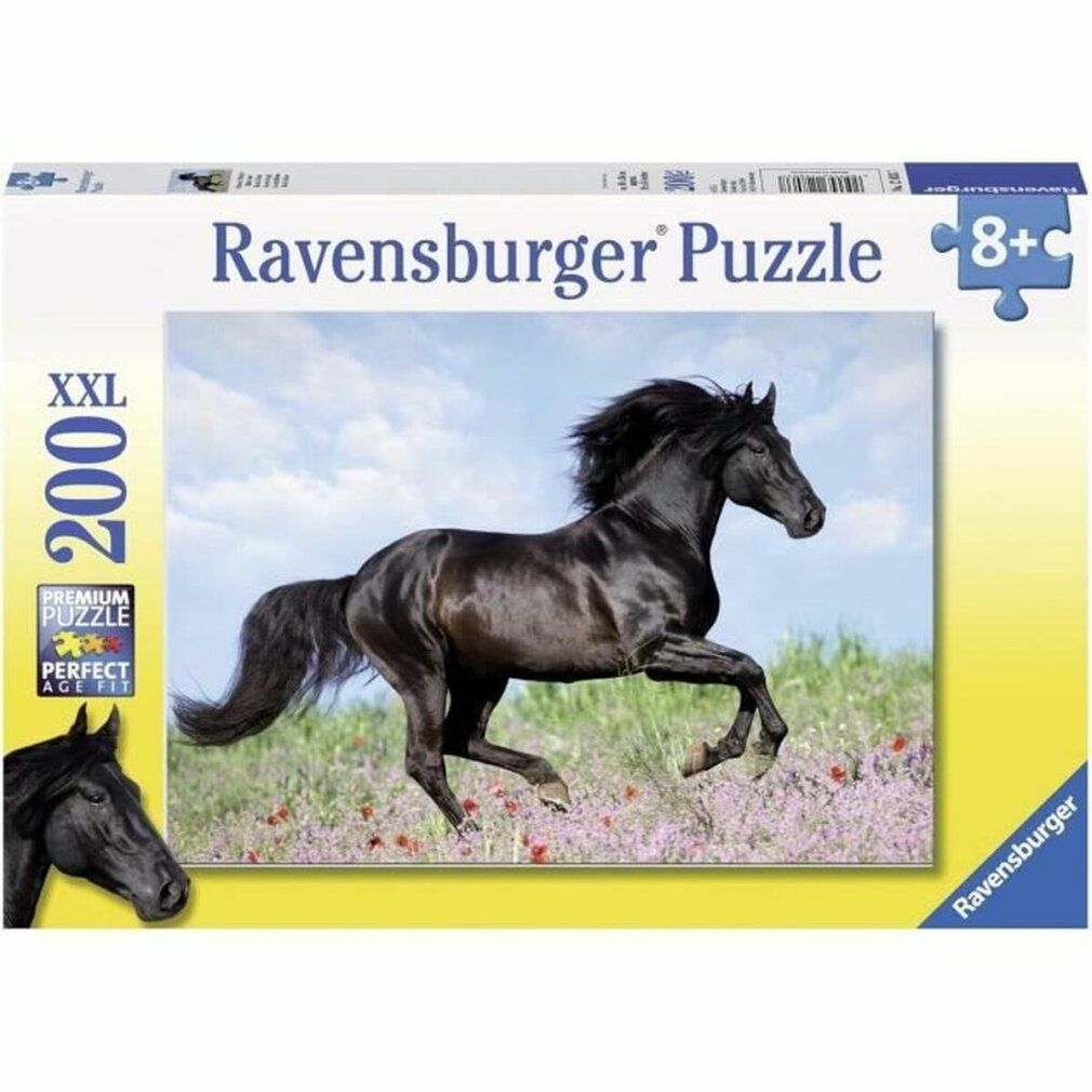 Puzzle Pz. Schwarzer Hengst 200T. Cavallo nero al galoppo in un prato fiorito. Confezione con logo Ravensburger Puzzle.