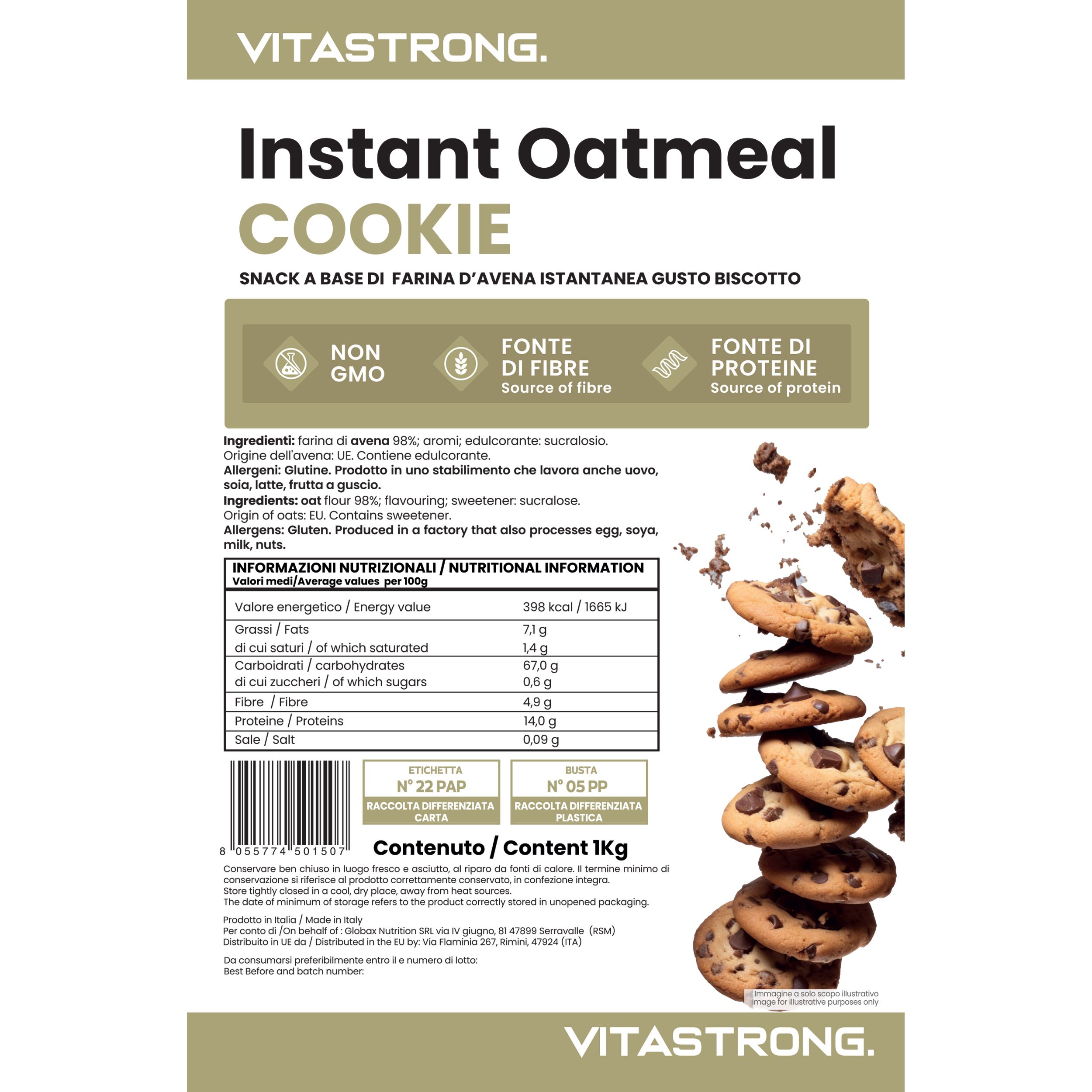 Confezione Vitastrong Instant Oatmeal Cookie. Testo: Non OGM, Fonte di fibre, Fonte di proteine. Informazioni nutrizionali e biscotti.