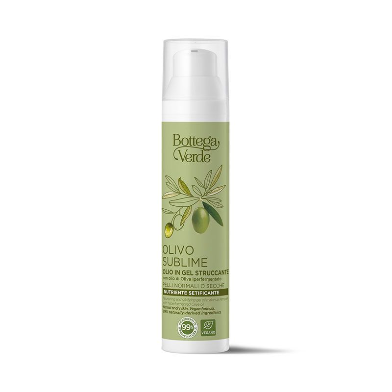 Flacone verde con dosatore bianco. Scritta: Bottega Verde, Olivo Sublime, Olio in gel struccante. Sigillo vegano.