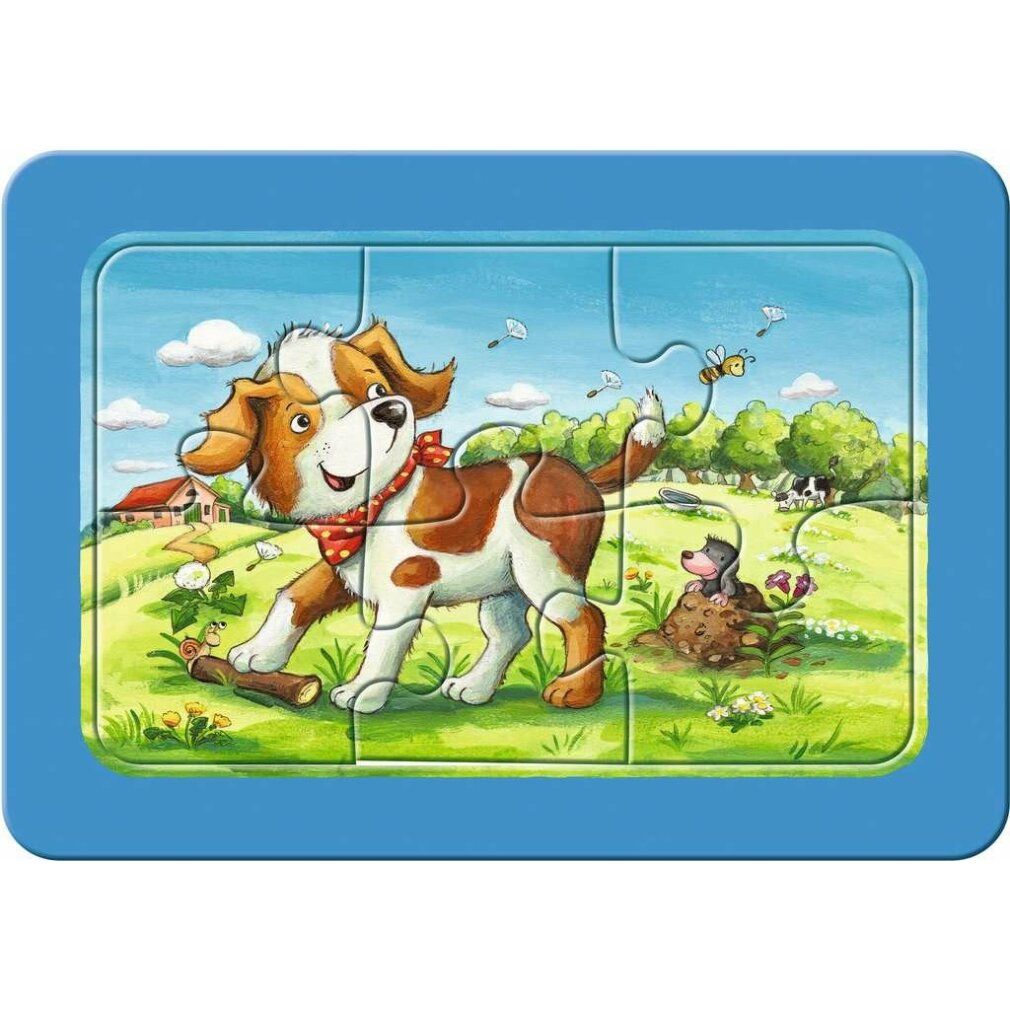 Puzzle gatto, 3x6 pezzi, bordi rossi. Gatto gioca con gomitolo. Articoli da cucito sullo sfondo.