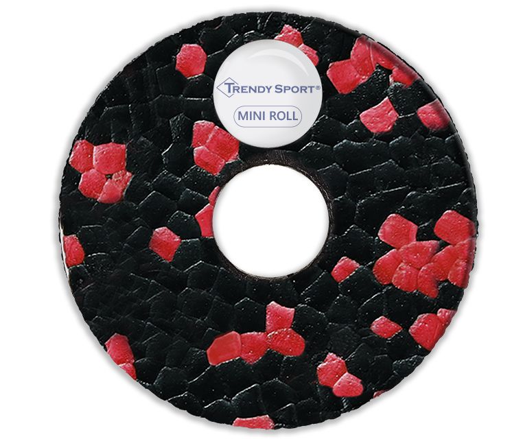 Vista finale di un rullo per fascia. Sfondo nero con punti rossi. Etichetta bianca con 'Trendy Sport' e 'Mini Roll'.