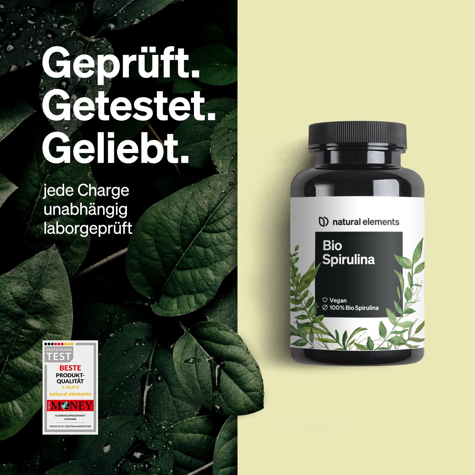 Flacone con etichetta, testo: Bio Spirulina. Marchio: natural elements. Certificazione. Testo: Verificato. Testato. Amato.