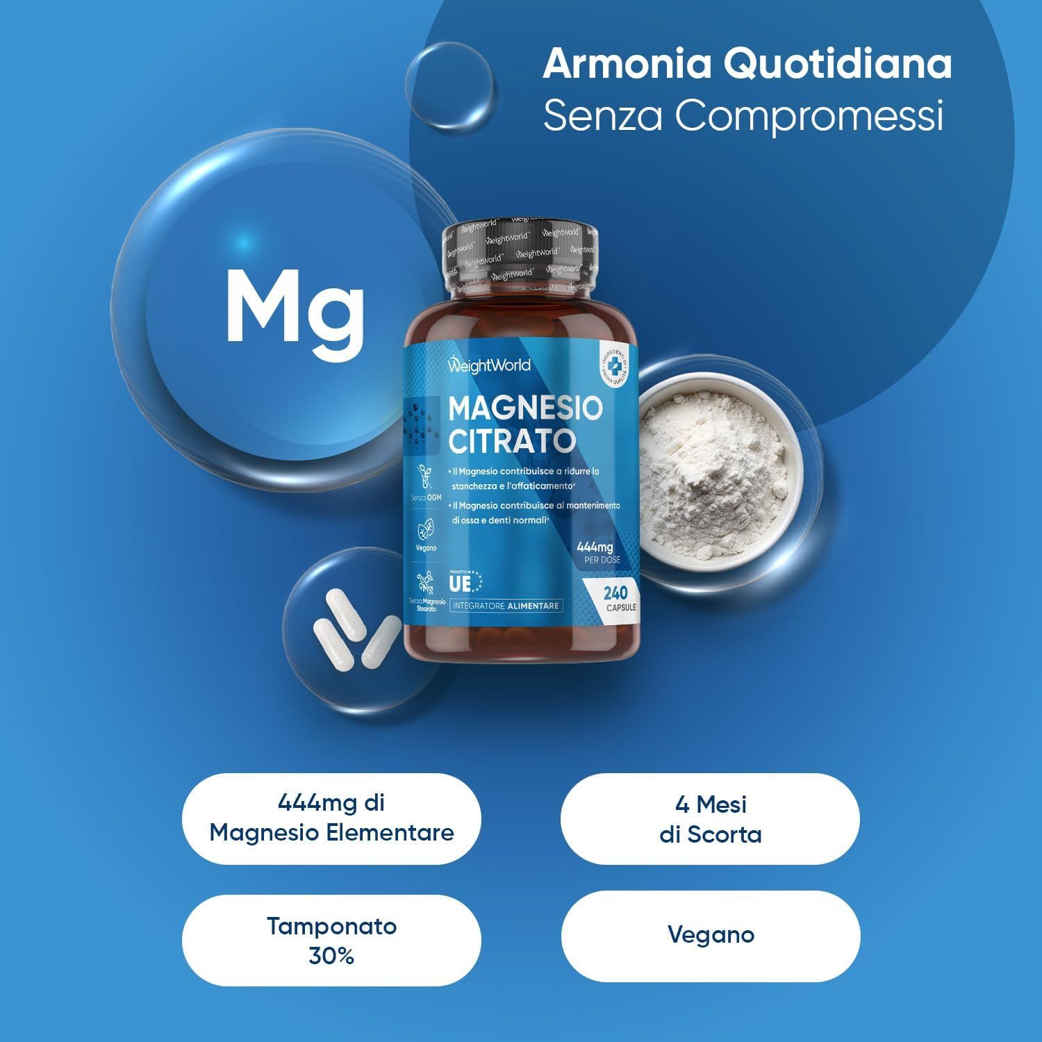 Flacone di Magnesium Citrato. Testo: Armonia Quotidiana Senza Compromessi. 240 capsule. Vegano.