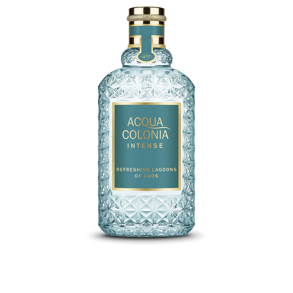 Flacone in vetro azzurro chiaro con tappo dorato. L'etichetta riporta 'ACQUA COLONIA INTENSE' e 'REFRESHING LAGOONS OF LAOS'.