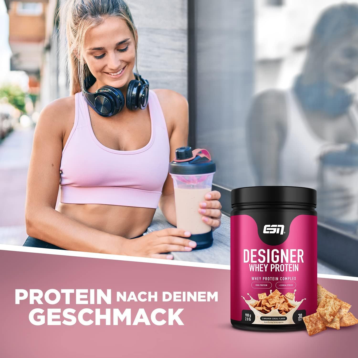 Donna con shaker e barattolo ESN Designer Whey Protein. Testo: Proteine secondo i tuoi gusti.
