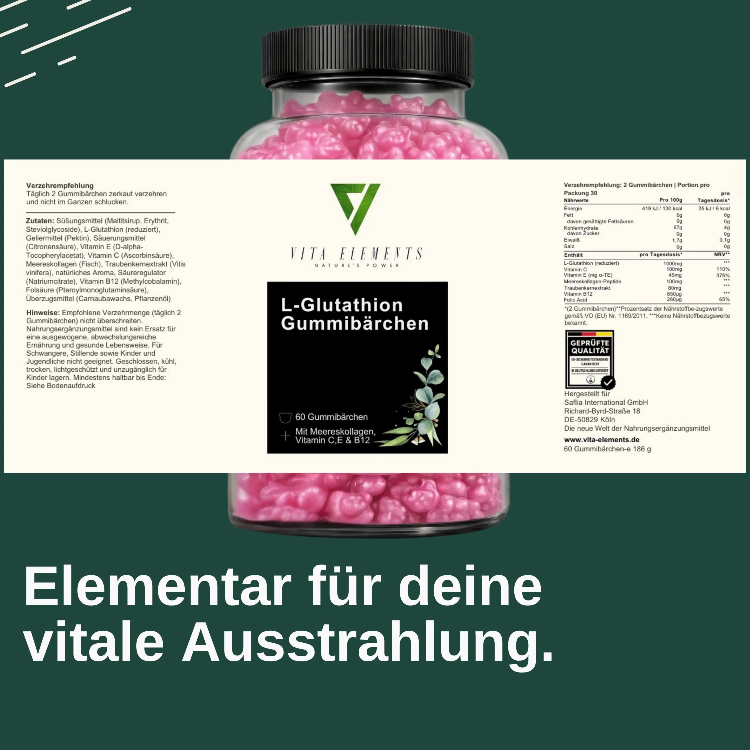 Flacone di Vita Elements L-Glutathion Gummibärchen con dettagli nutrizionali e sigilli.
