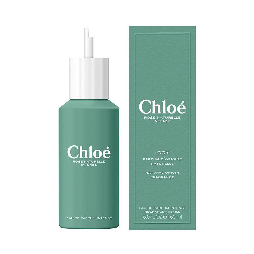 Flacone e confezione verdi. Scritta: Chloé Rose Naturelle Intense. 150 ml. Ricaricabile.