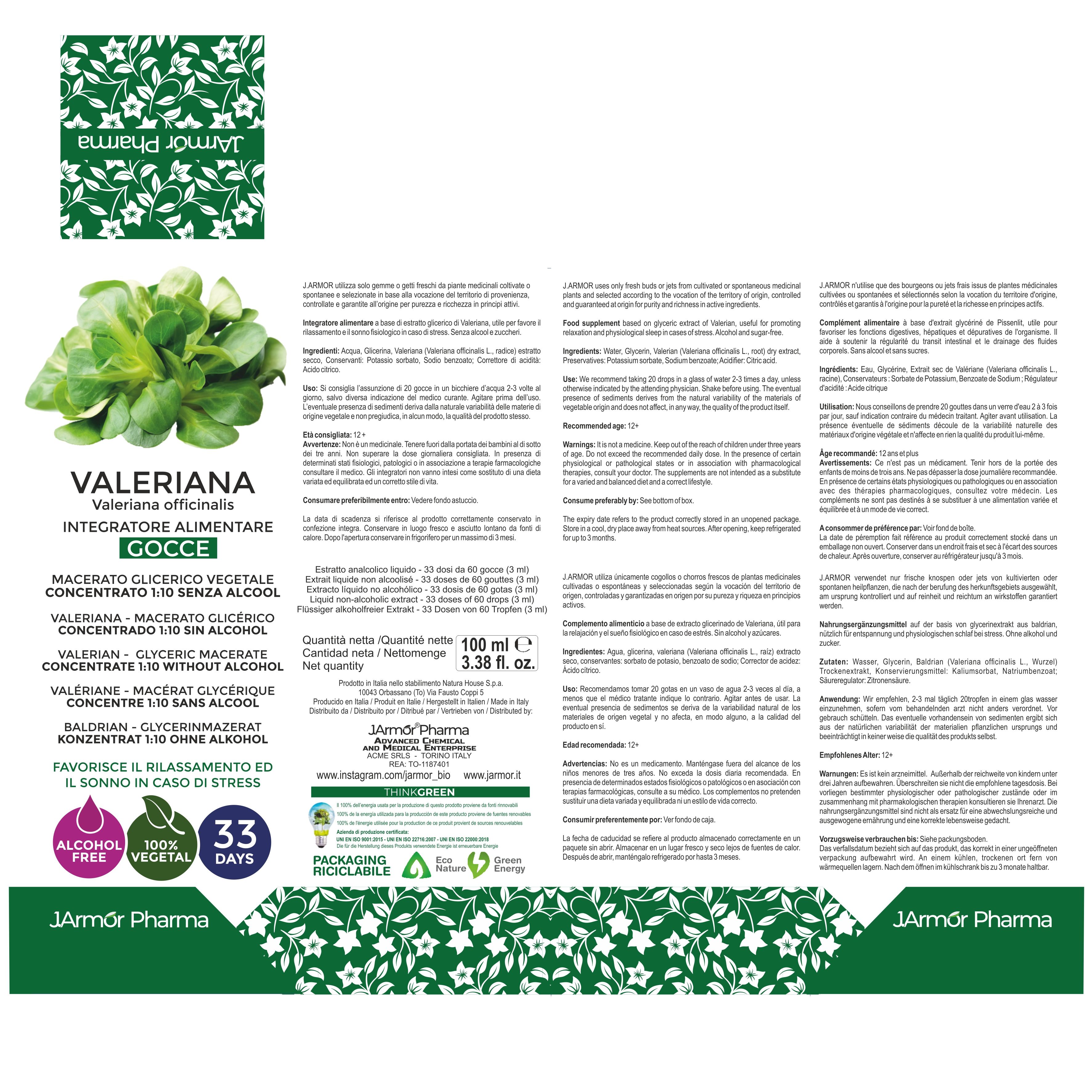 Etichetta del prodotto con testo e illustrazioni. Testo: Valeriana, 100 ml, 33 giorni, senza alcool. Marchio: Jarmor Pharma. Certificazioni.