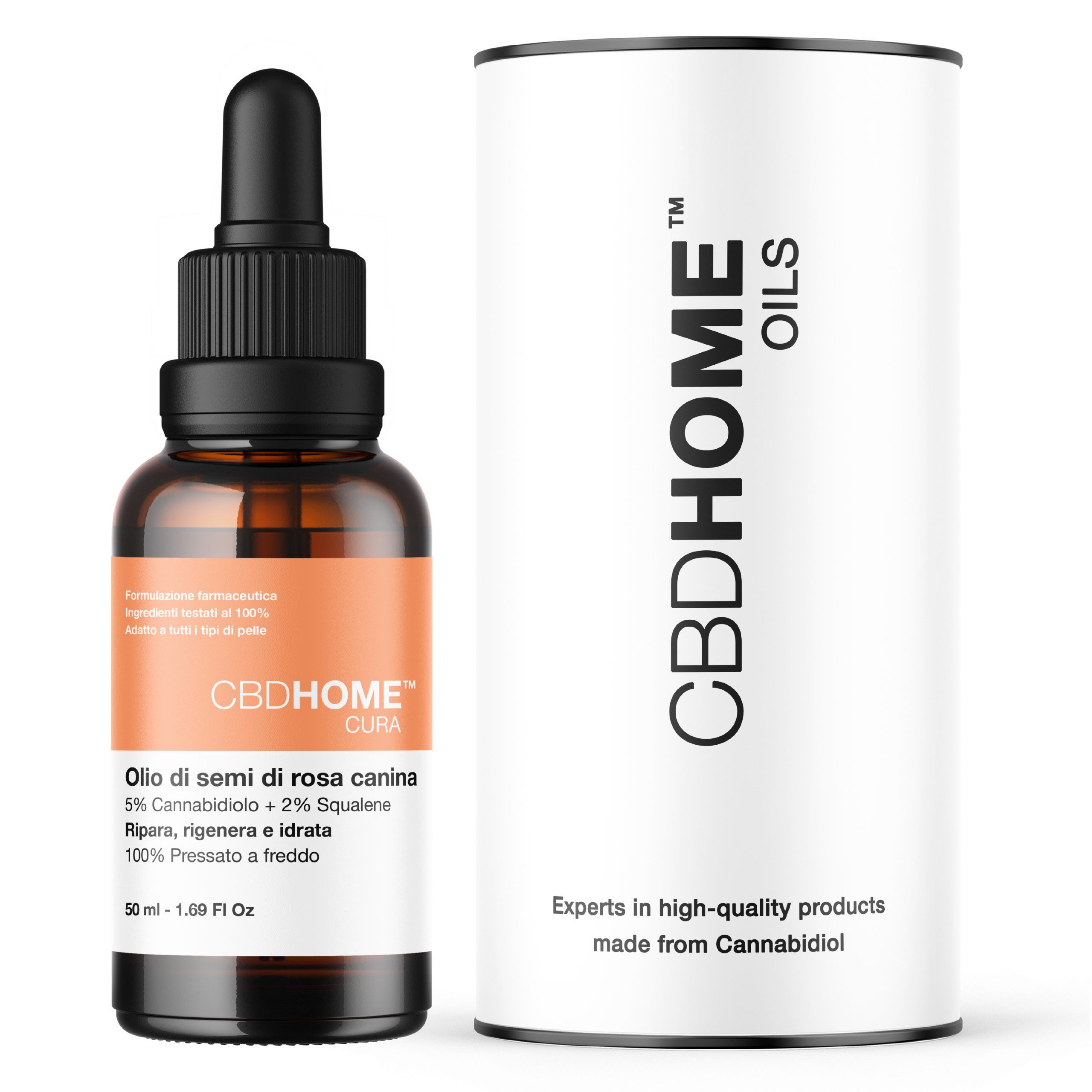 Flacone di olio di rosa canina CBDHOME con contagocce e confezione cilindrica.