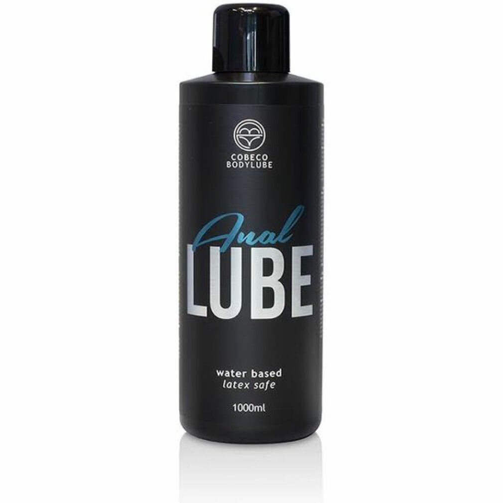 Flacone nero con tappo nero. Scritta: Anal LUBE, water based, latex safe, 1000ml. Logo: Cobeco Bodylube.