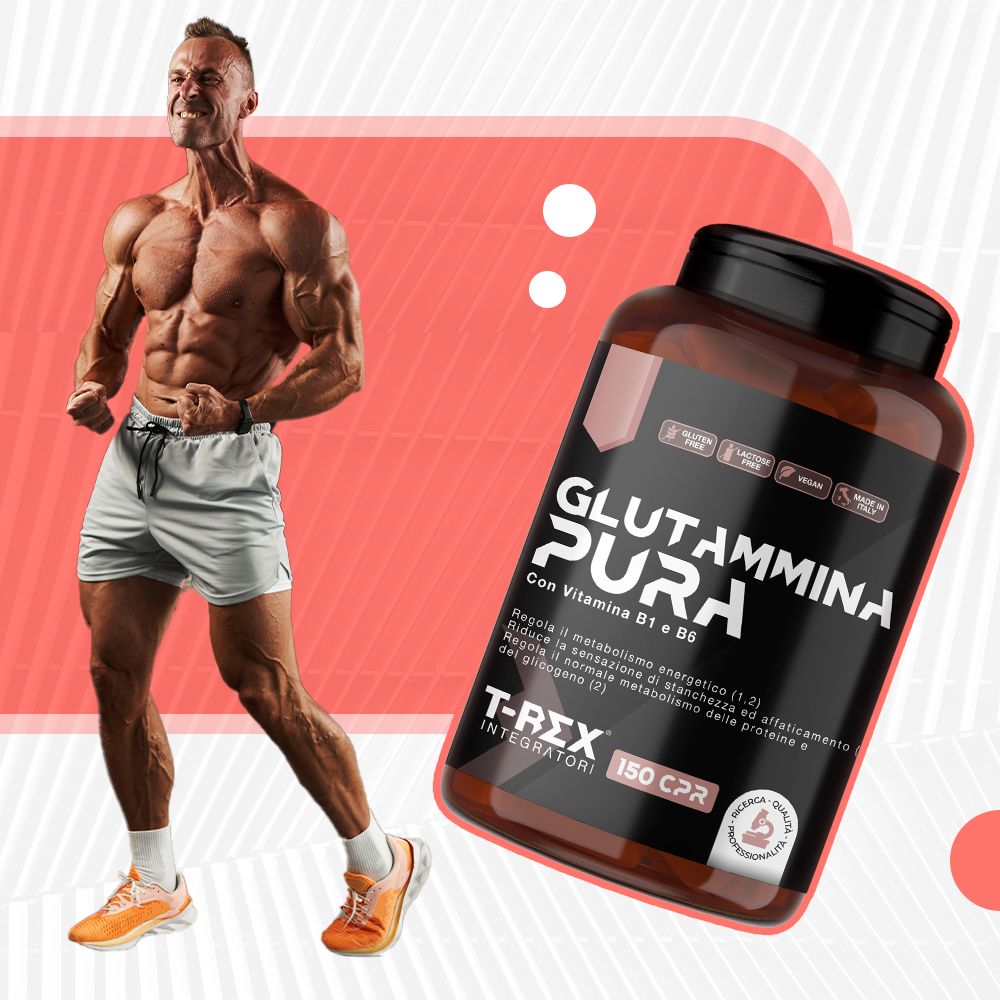 Uomo in posa accanto a un flacone Glutammina Pura. Scritta: Glutammina Pura, con vitamina B1 e B6, 150 CPR. T-Rex Integratori.