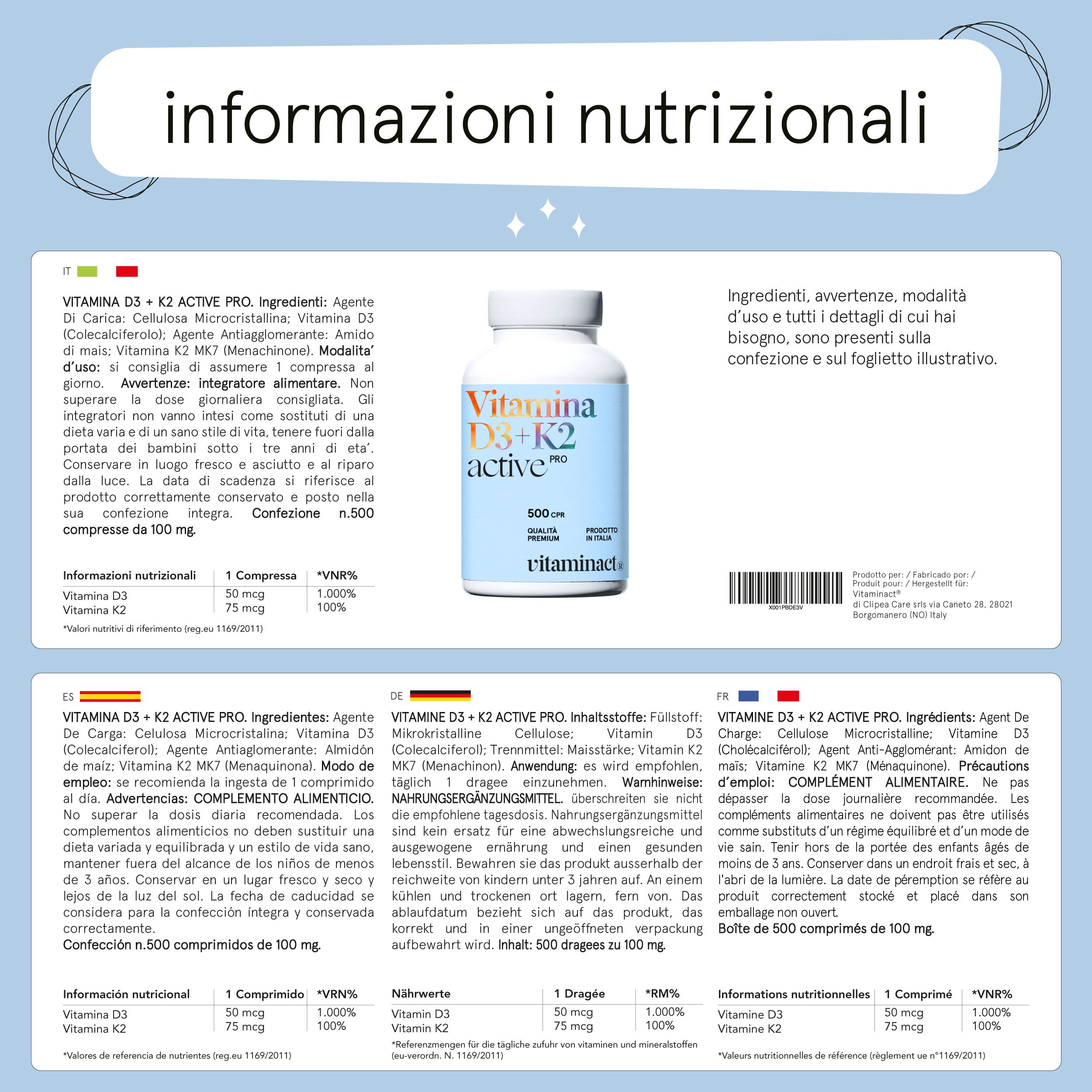 Tre blocchi di testo con informazioni su Vitamina D3+K2 active pro. Ingredienti e valori nutrizionali.