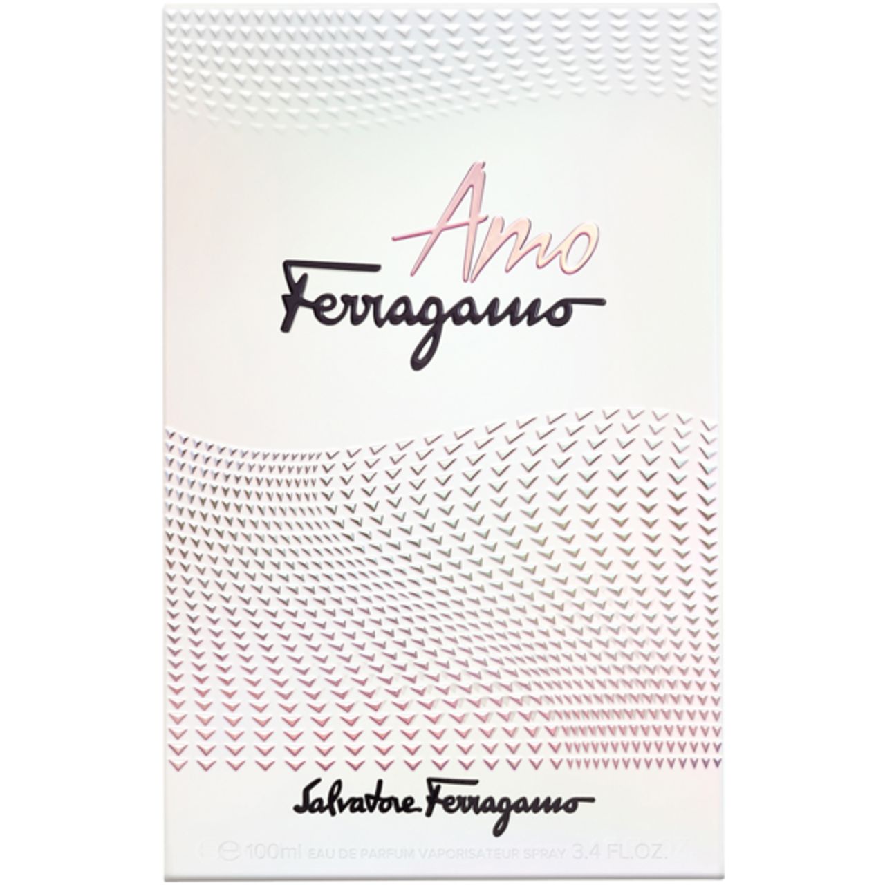 Scatola bianca con scritta rosa 'Amo Ferragamo'. Logo Salvatore Ferragamo.