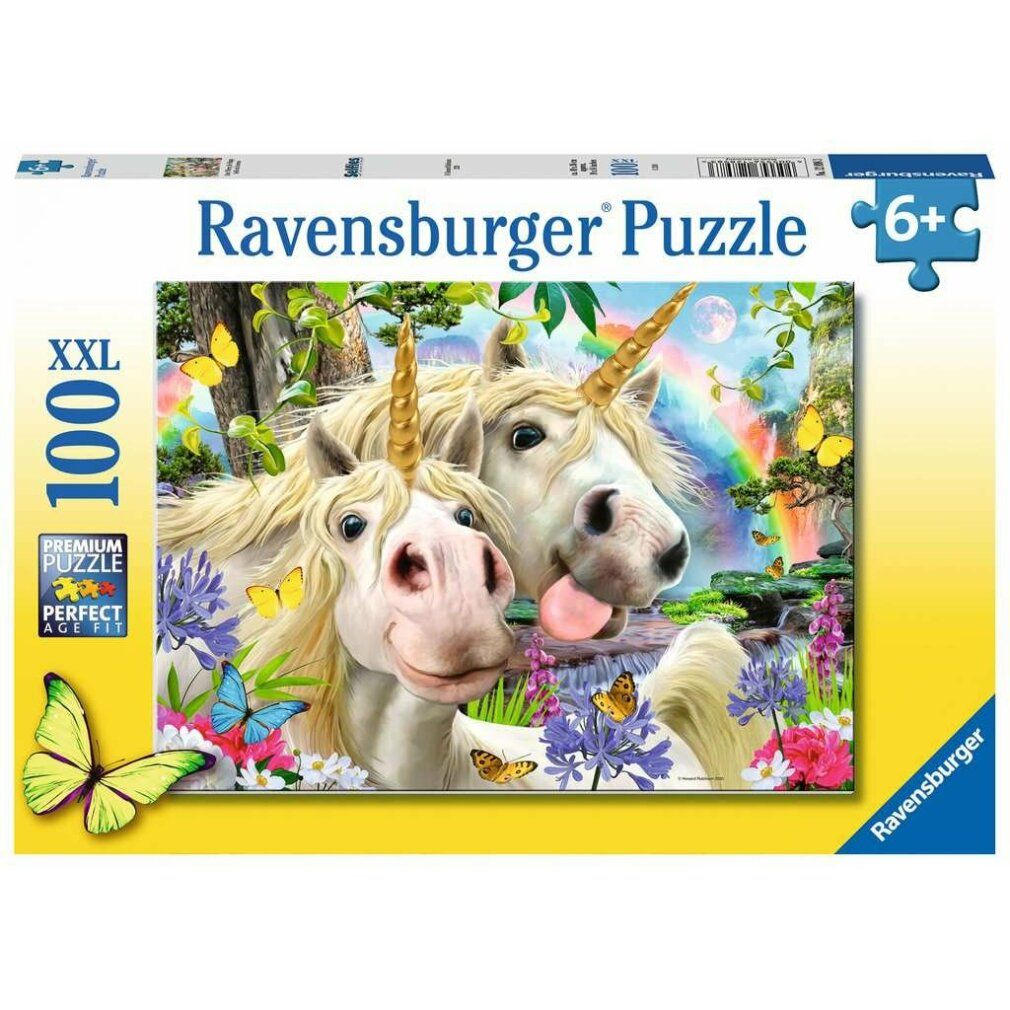 Scatola puzzle Ravensburger. Immagine di unicorni, arcobaleno e fiori. XXL 100 pezzi. Età consigliata 6+.