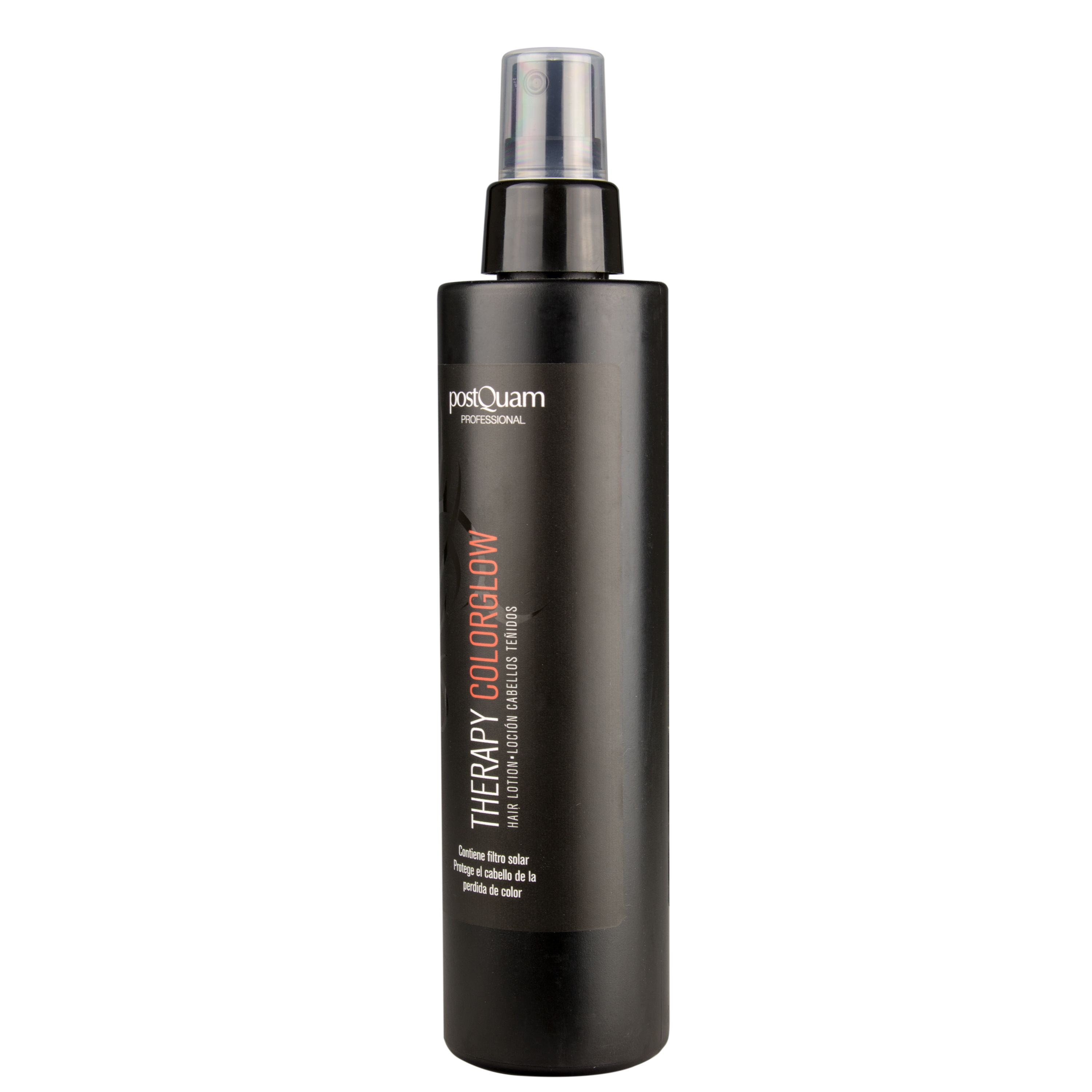 Flacone spray nero con "postQuam PROFESSIONAL" e "THERAPY COLORGLOW". Contiene filtro, protegge colore.