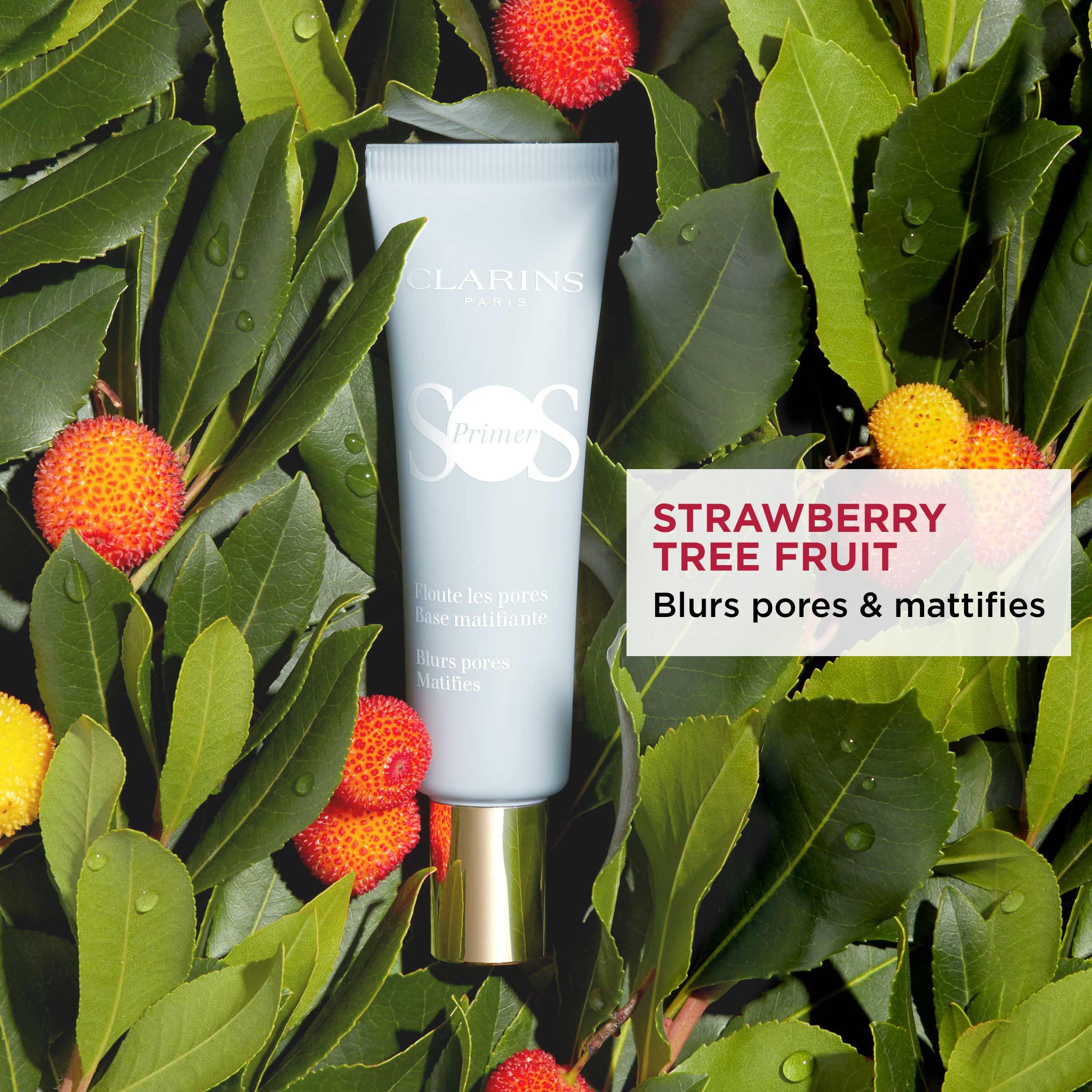 Clarins SOS Primer, circondato da foglie e frutti. Testo: Strawberry Tree Fruit, Blurs pores & mattifies.