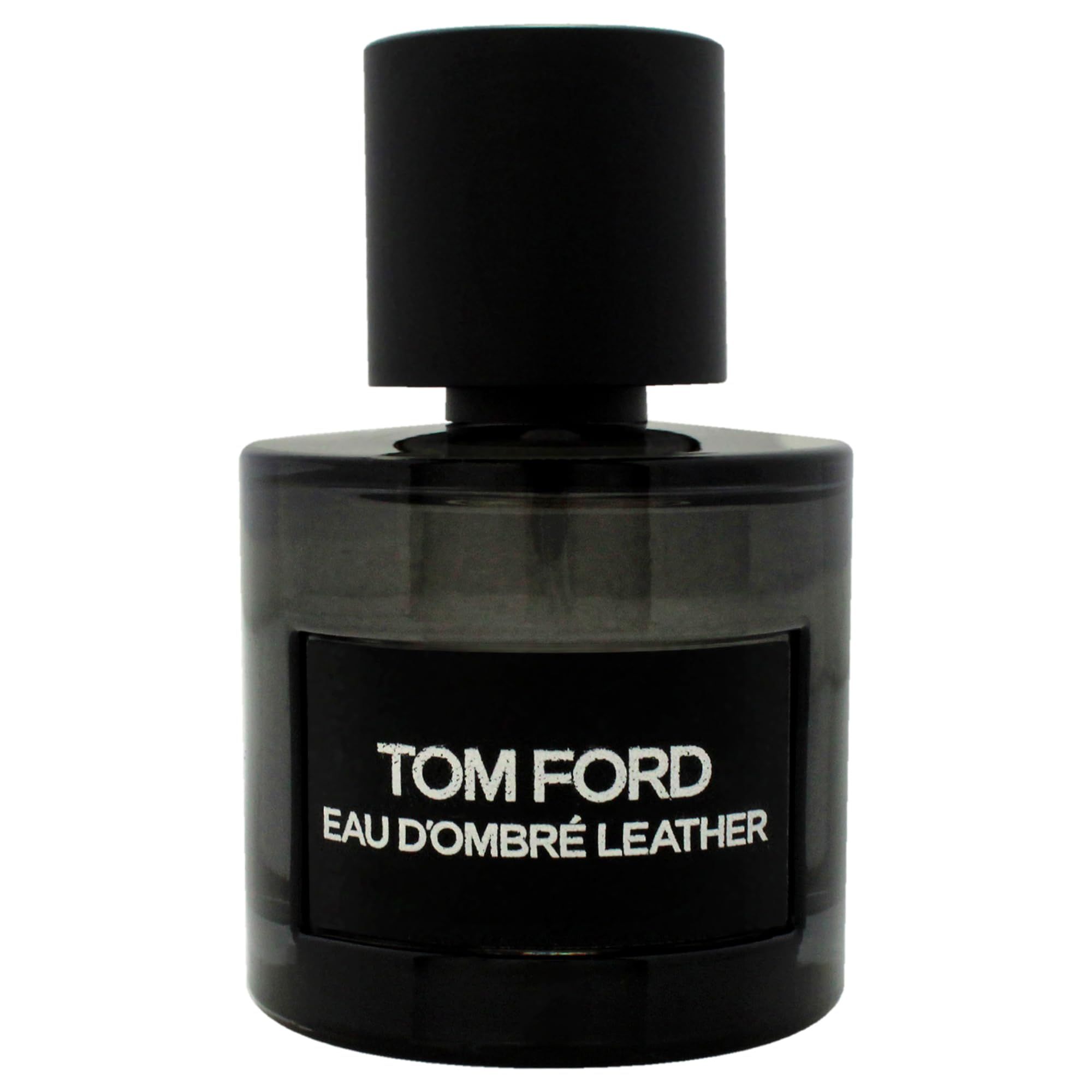 Flacone Tom Ford Eau D'Ombré Leather. Flacone nero con tappo nero ed etichetta. Flacone trasparente.