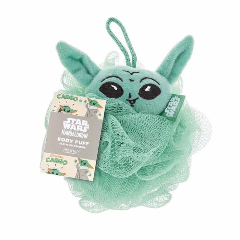 Puff per il corpo verde con personaggio di Baby Yoda. Etichetta Star Wars. Anello per appendere. Struttura a rete.