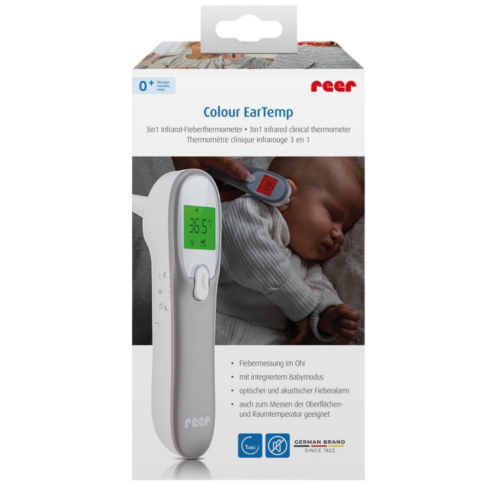 Confezione del termometro auricolare. Nome prodotto: Colour EarTemp. Testo e immagine di un bambino.