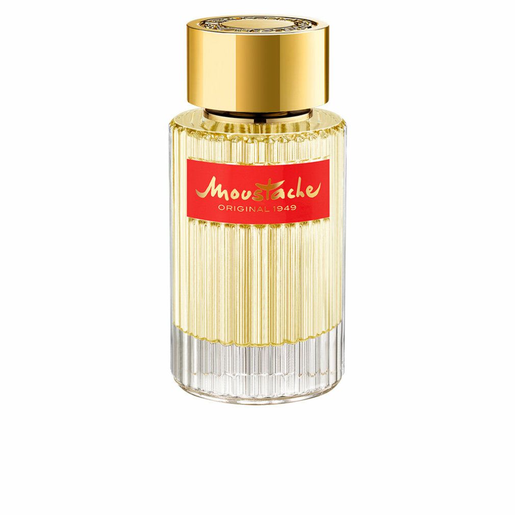 Flacone di profumo con tappo dorato ed etichetta rossa Moustache. Vetro scanalato.
