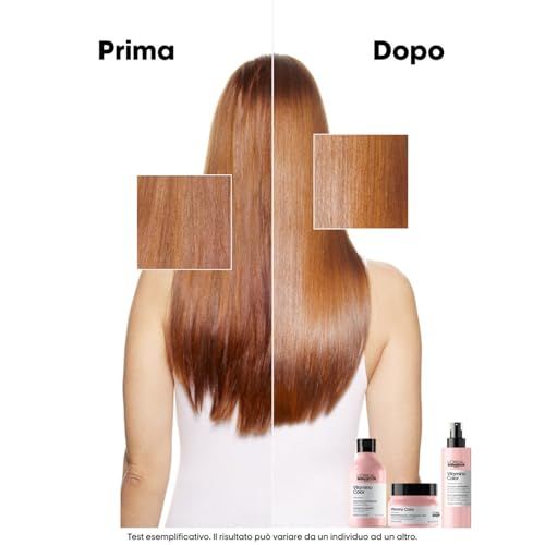 Vista capelli prima/dopo. Prodotti in basso: shampoo, maschera, spray.