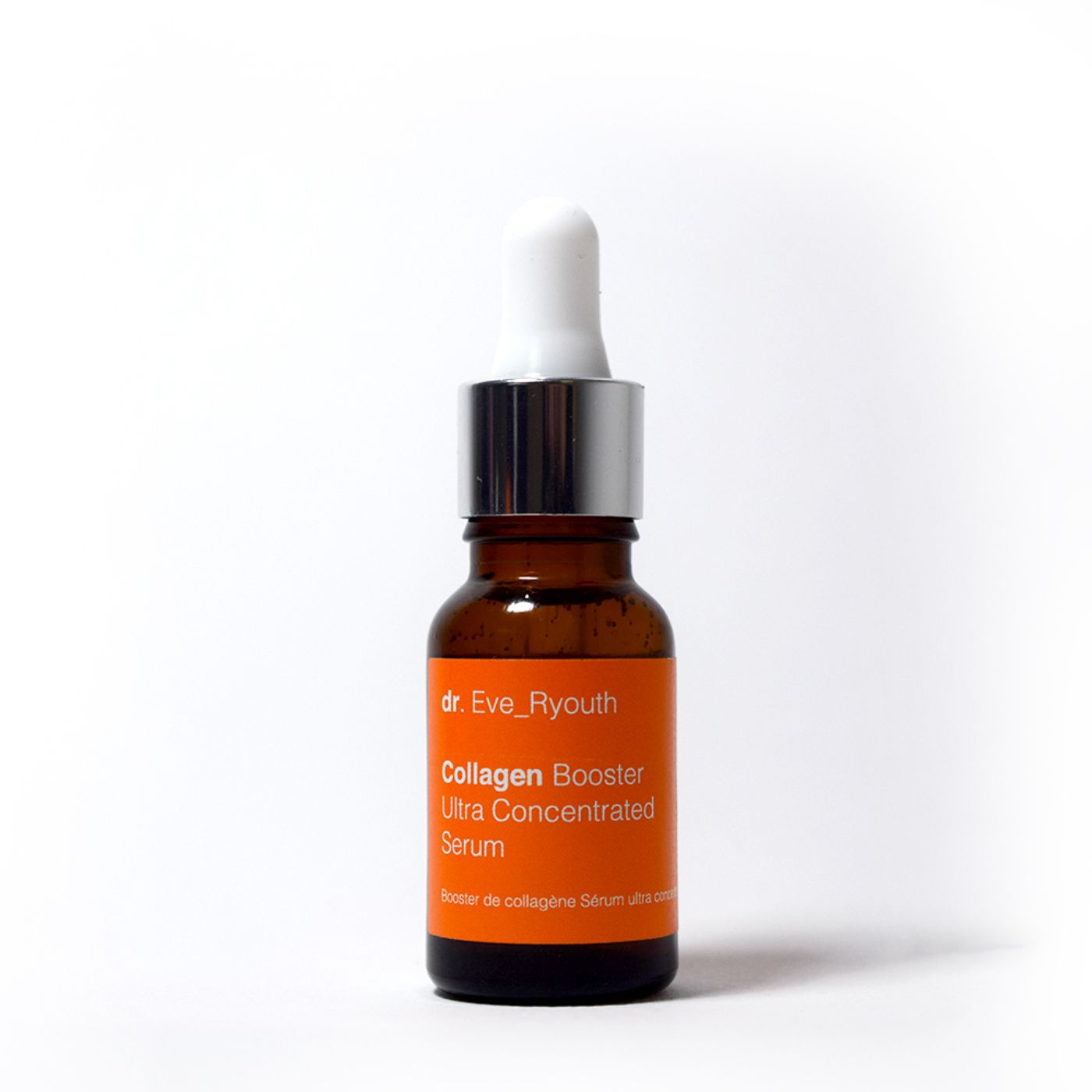 Siero booster collagene Dr. Eve_Ryouth in flacone di vetro marrone con contagocce. Vista frontale.