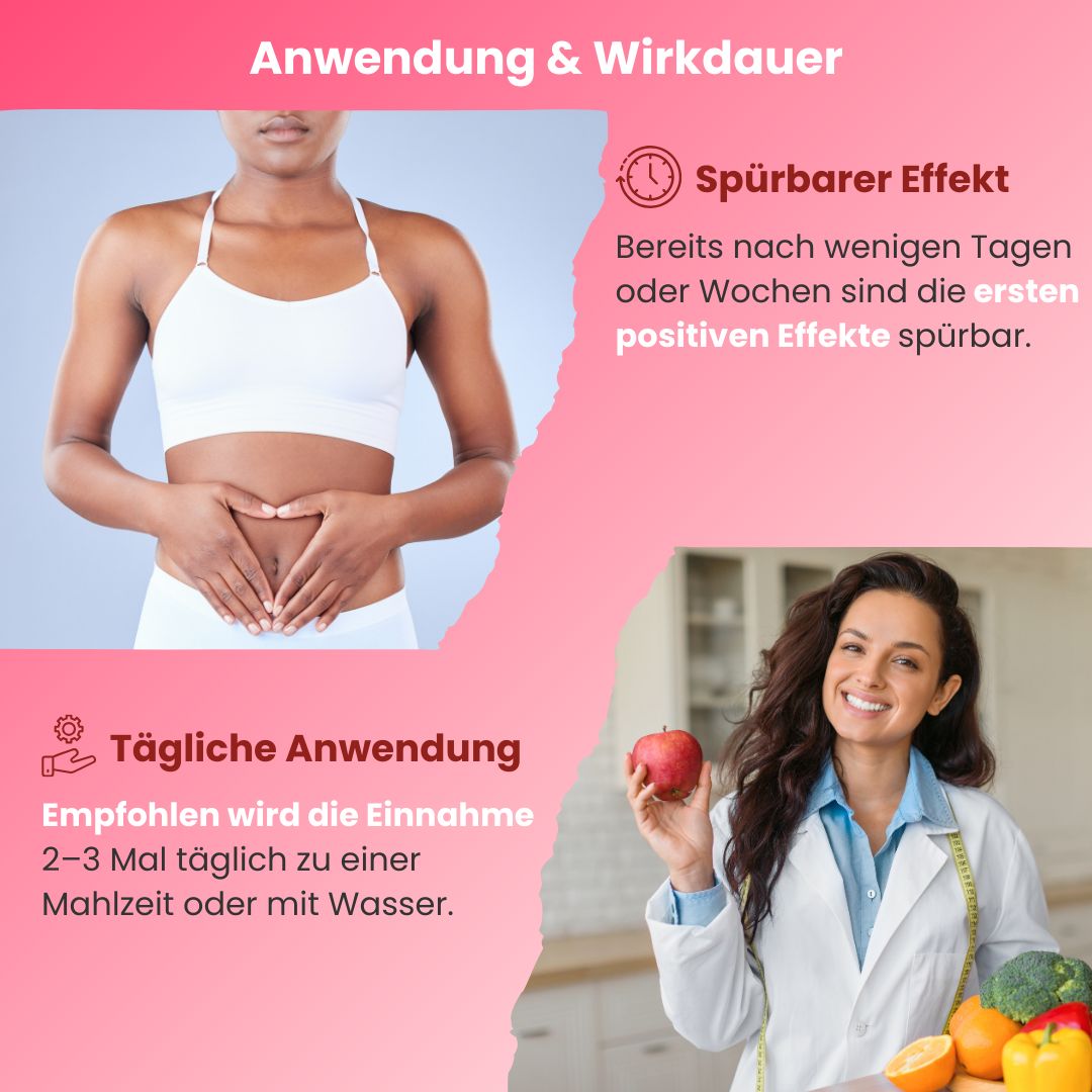 Sezione: Uso e durata. Immagini di una donna con la pancia e di un medico con frutta. Testo sull'assunzione.