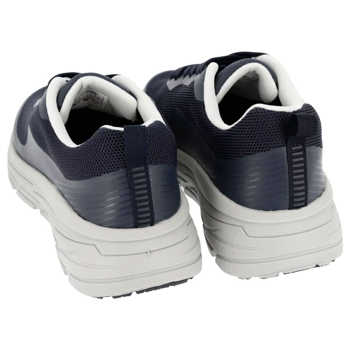 Due sneakers blu HERGOS viste da dietro. Suola grigio chiaro, tomaia in mesh. Colletto bianco. Logo sulla linguetta.