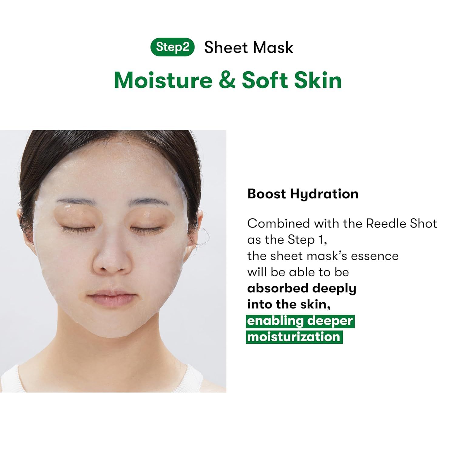 Donna con maschera in tessuto. Testo: Step 2 Sheet Mask. Boost Hydration. Descrizione degli ingredienti.