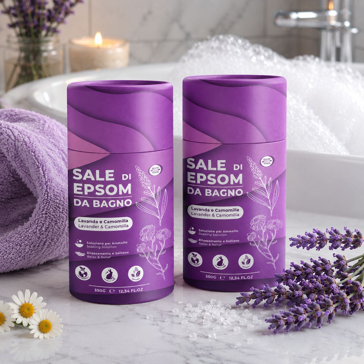 Due contenitori viola di sali da bagno, lavanda e camomilla. 350g.
