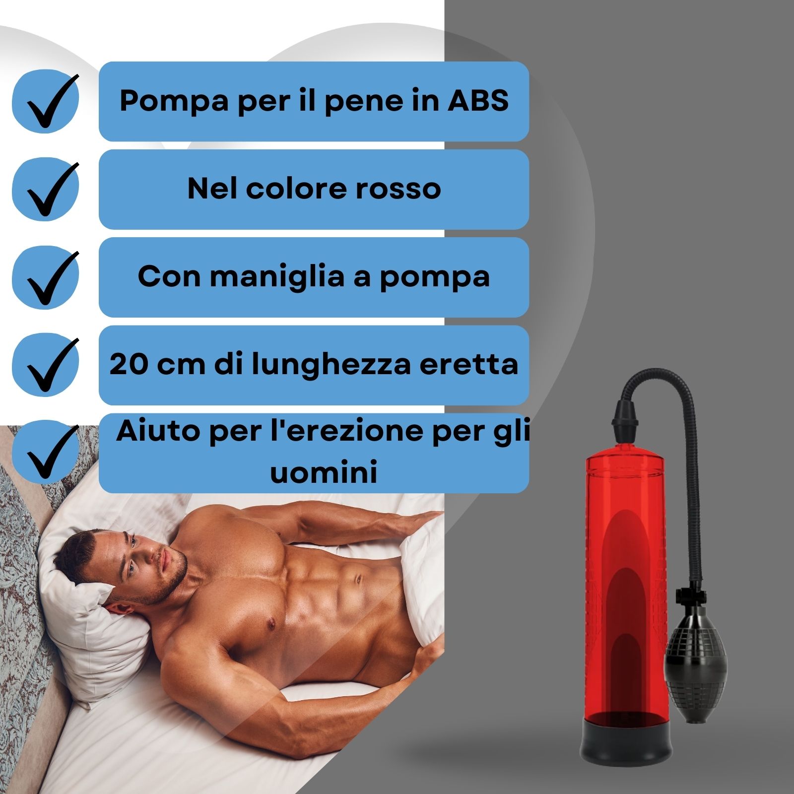 Immagine prodotto con testo: Pompa per pene in ABS, rossa, pressione con bulbo, fino a 20 cm.