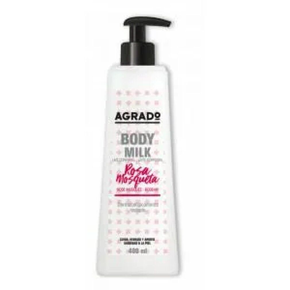 Flacone bianco con erogatore nero. Scritta: Agrado Body Milk Rosa Mosqueta. 400 ml.