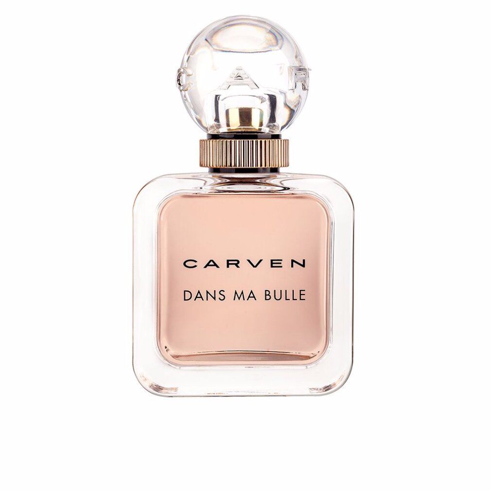 Flacone quadrato in vetro con liquido rosa. Tappo trasparente. Anello dorato. Scritta: CARVEN DANS MA BULLE.