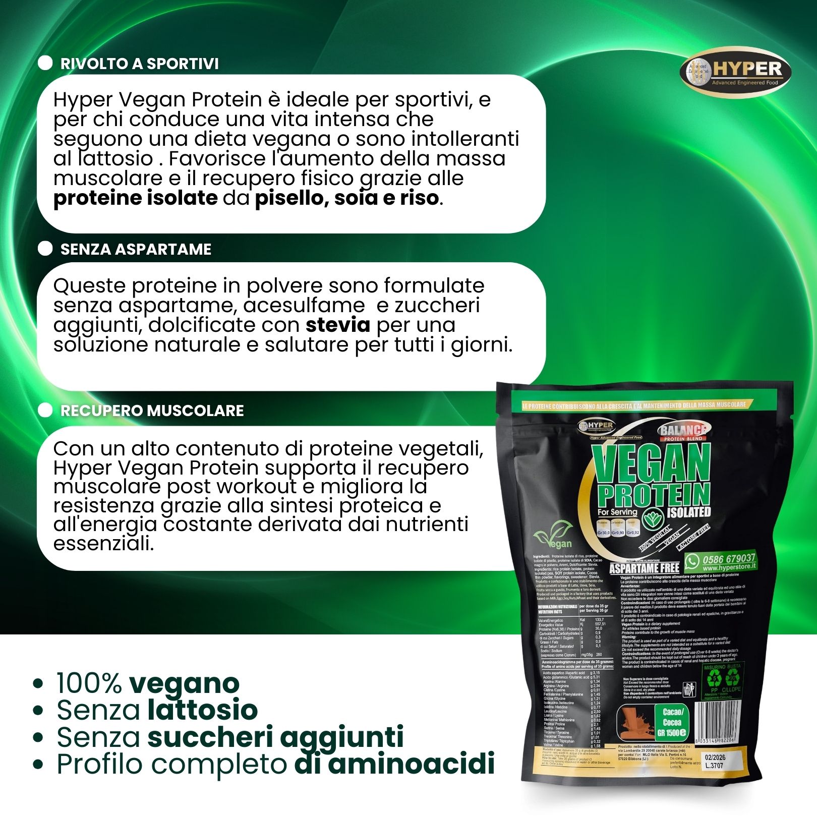 Busta nera con testo: HYPER Vegan Protein, senza aspartame, 100% vegano, senza lattosio, senza zuccheri aggiunti, profilo aminoacidico completo.