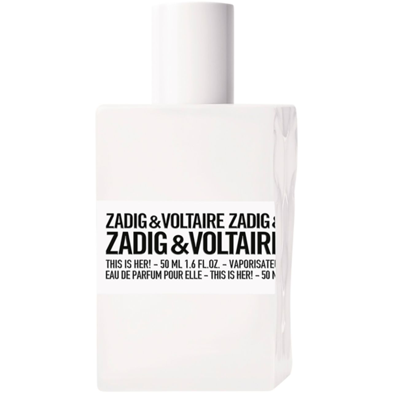 Flacone bianco con tappo bianco. Scritta: Zadig & Voltaire, THIS IS HER! 50 ml.