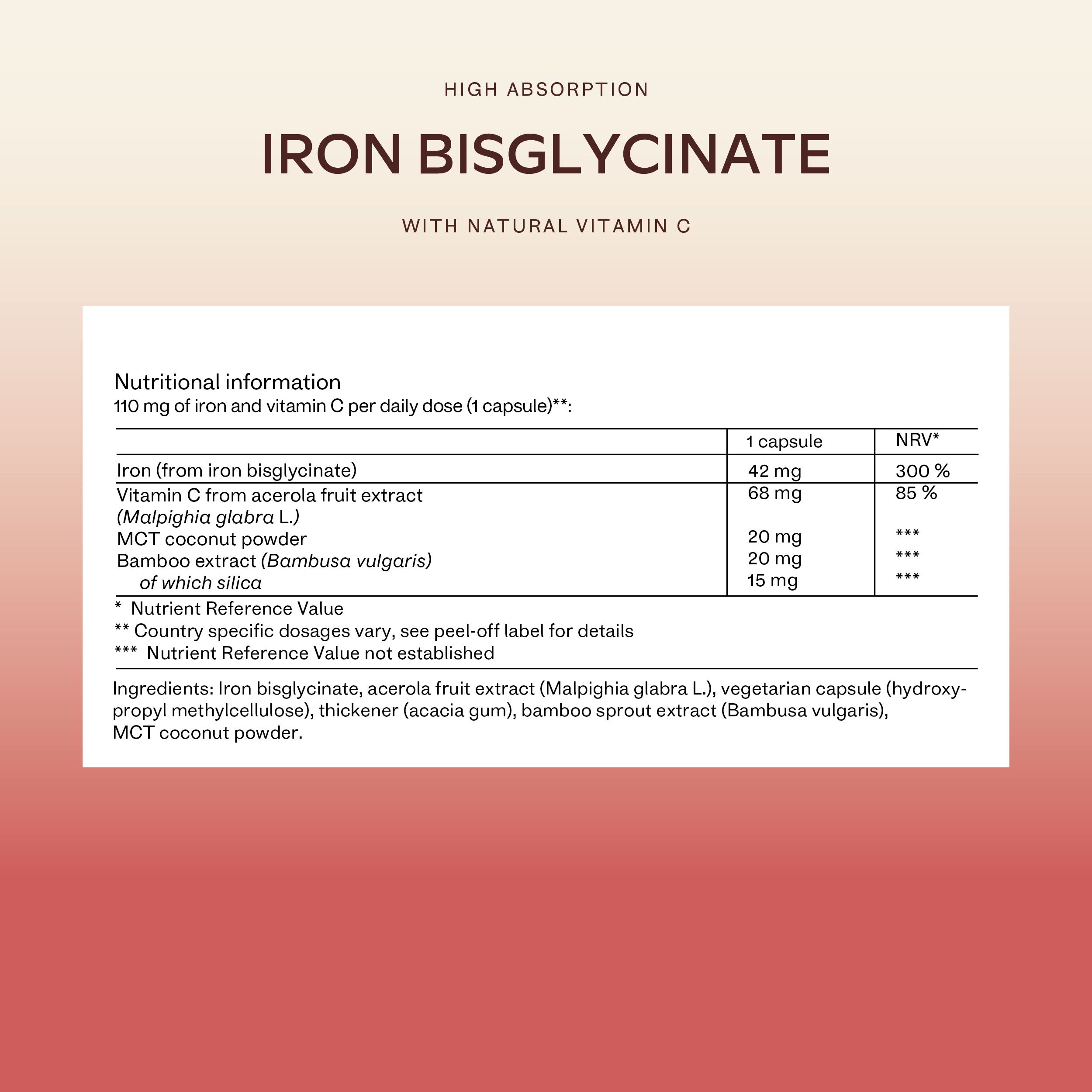 Informazioni nutrizionali per le capsule Aavalabs Iron Bisglycinate. Contiene ferro e vitamina C.