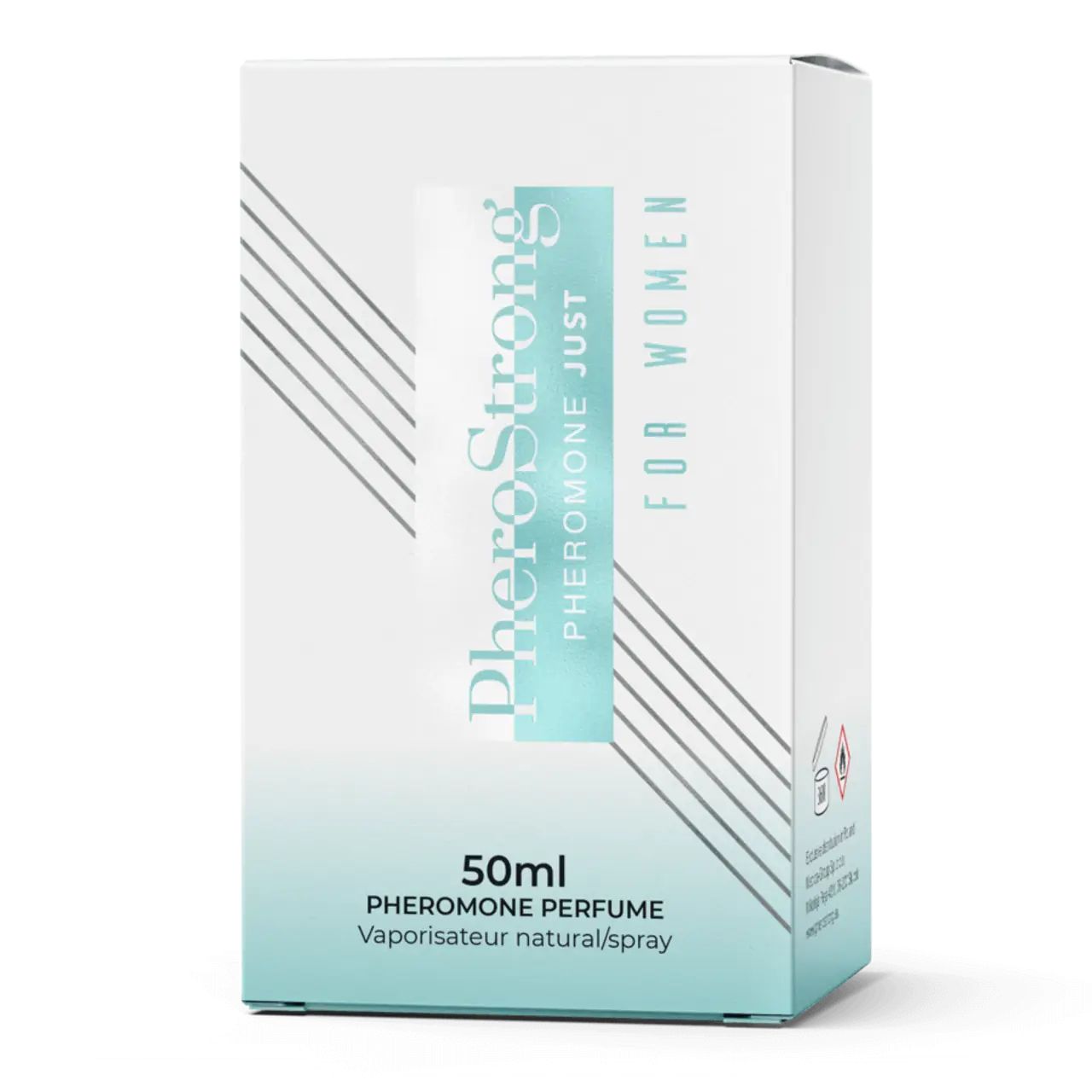 Confezione bianca con scritta: PheroStrong Pheromone Just For Women. 50ml, profumo ai feromoni. Rettangolo turchese con testo.