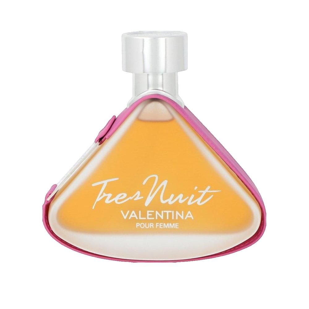 Flacone di profumo triangolare, bordato di rosa. Scritta: Tres Nuit Valentina pour femme.