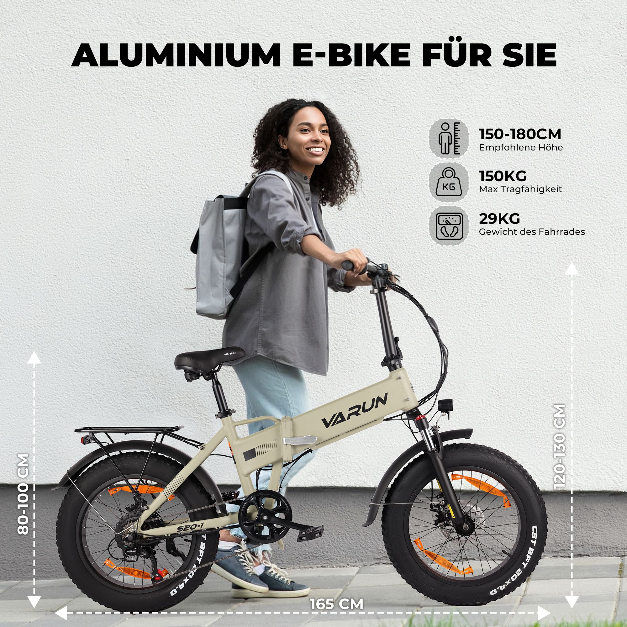 E-bike con persona. Telaio beige, dettagli neri. Dimensioni: 150-180cm, 150kg max. peso, 29kg peso.