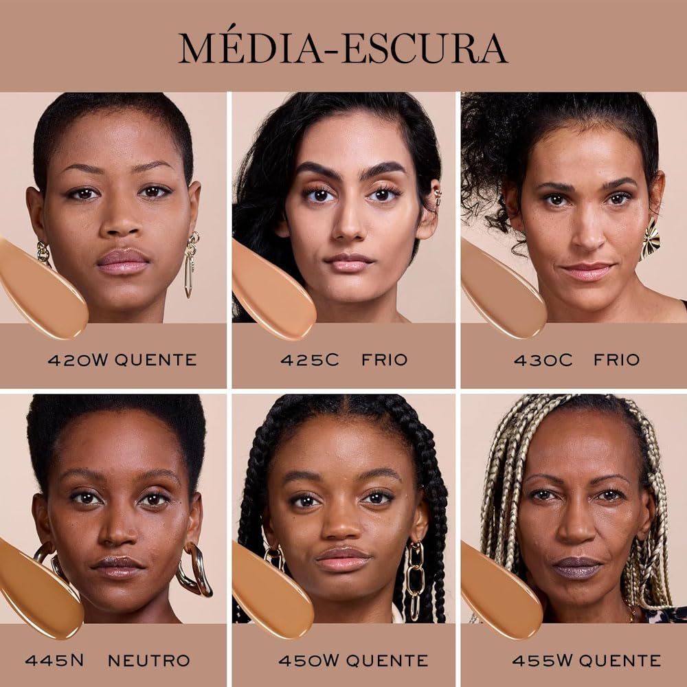 Volti con tonalità Fondotinta Liquido Lancôme Teint Idole Ultra Wear Care & Glow. Testo: Média-Escura. Tonalità: 420W, 425C, 430C, 445N, 450W, 455W.