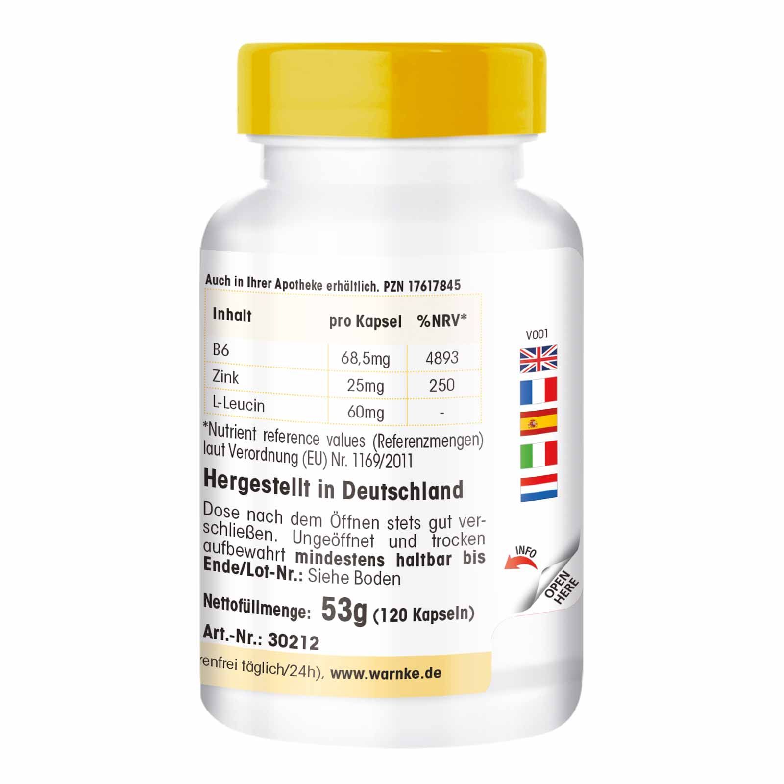 Flacone con tappo giallo. Testo: Contenuto per capsula, %VNR, Prodotto in Germania, Peso netto 53g (120 capsule).