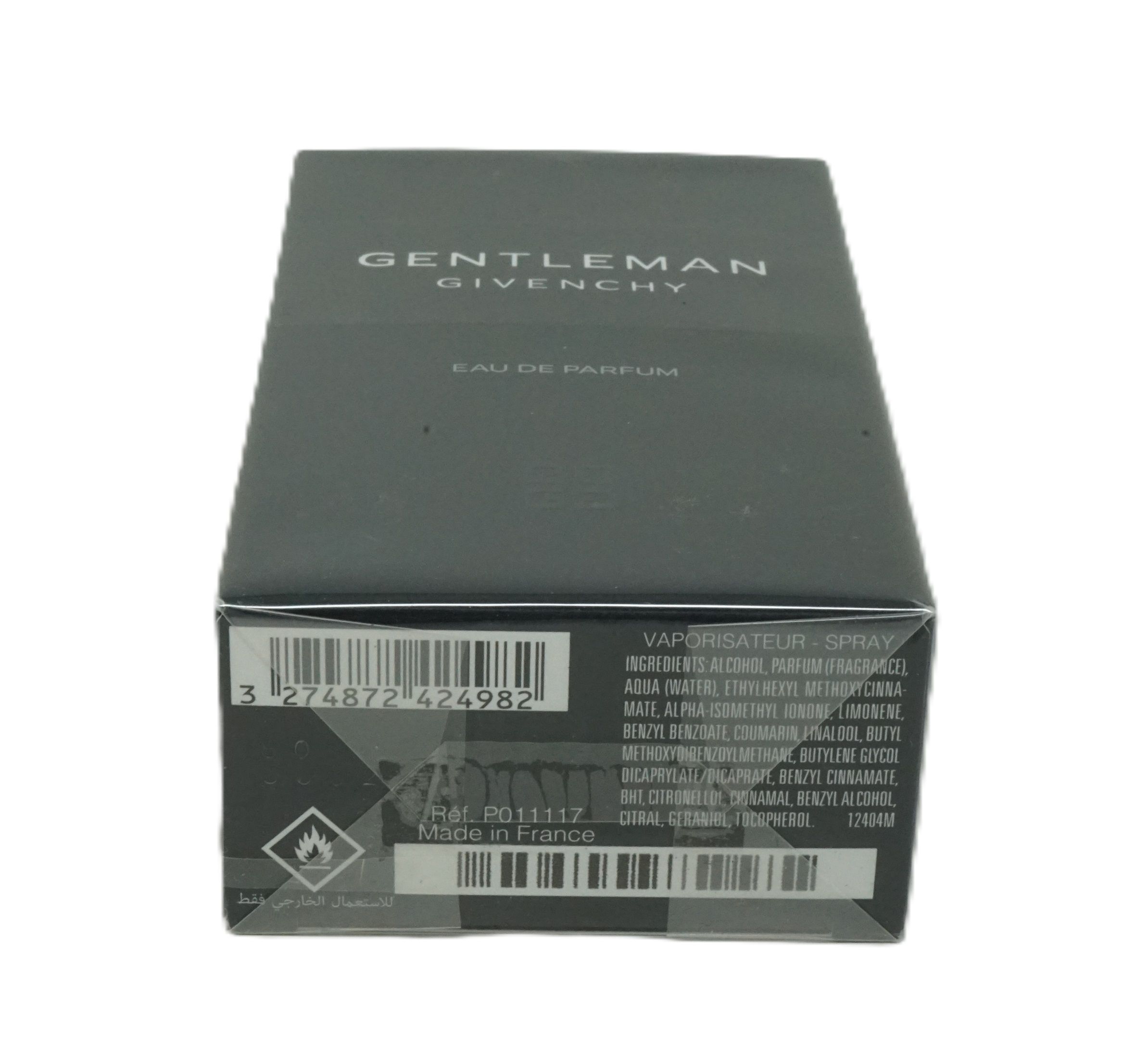 Confezione nera con scritta bianca GENTLEMAN GIVENCHY e Eau de Parfum. Codice a barre e ingredienti.